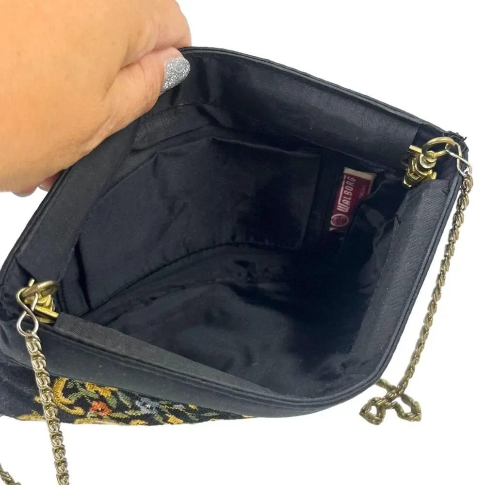 Vintage Walborg Floral Tapestry Crossbody Purse Black Shoulder Bag 1960s 1970s